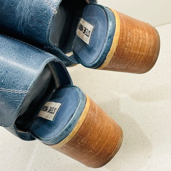 Steve Madden Shalow Blue Leather Peep Toe Sandals Shoes Snap Button Open Heel 10 - Picture 10 of 15